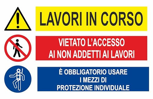 GLOBAL CARTELLO SEGNALETICO - MULTISIMBOLO LAVORI IN CORSO CON DIVIETO E OBBLIGO - Adesivo Extra Resistente, Pannello in Forex, Pannello In Alluminio (30X42, Alluminio)