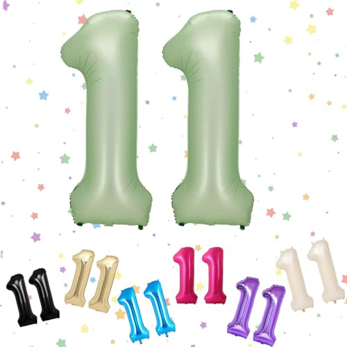 Ballons Anniversaire 11 Vert Sauge, Foil Ballon Numéro Chiffre 11, 101cm Vert Hélium Ballon 11. Anniversaire, Décoration Ballons 11 Ans pour Garçons Filles Anniversaires Fête Deco, Gonflable Hélium