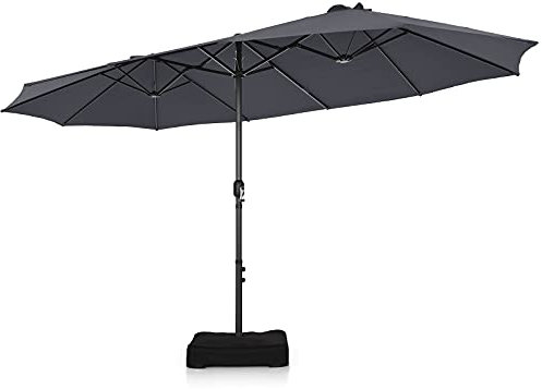 COSTWAY 4.6m Double-Sided Parasol with Base and Crank Handle, Outdoor Extra Large Sun Umbrella, Portable Market Sunshade Shelter Canopy for Garden Patio Beach (Gray)