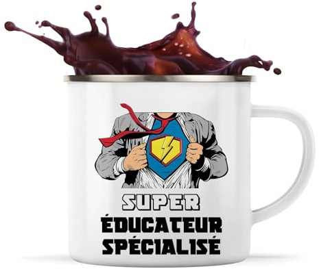 Planetee Tasse métallique Super Educateur spécialisé | Mug Émaillé Métal Timbale Camping et Randonnée Métier Collègue Cadeau Travail Boulot Départ Retraite