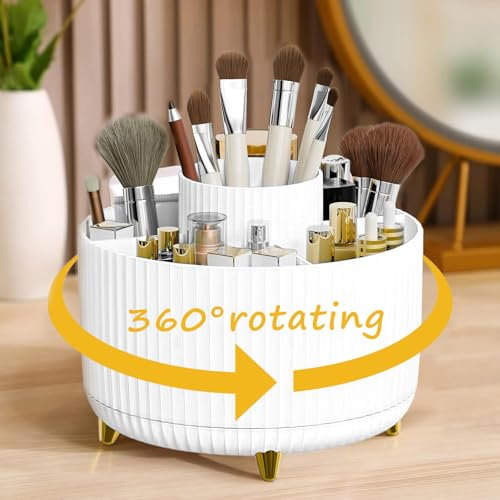 Snarflun Organizzatore di Trucco, Organizzatore di pennelli rotante a 360°, Porta Trucchi Organizer con 5 Scomparti, Organizzatore Cosmetic, Multifunzione Makeup Organizer (Bianco)