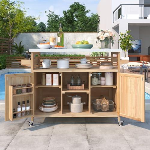 mixtavie Outdoor Kitchen Island, Rolling Bar Cart & Storage Cabinet, Farmhouse Solid Wood Outdoor Grill Table with Stainless Steel Top, Spice Rack, Towel Rack for Kitchen & BBQ, Natural