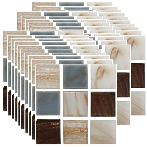 Ledeak 30 Hojas Vinilo Azulejos Adhesivo Mosaico, 10x10cm Pegatinas de Baldosas Autoadhesivo Impermeable, Pegatinas Azulejos Adhesivos Baño Cocina, PVC Pegatinas de Paredes (Marrón y Blanco)