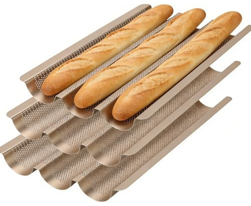 MOUYAT 3 PCS Baguette Bread Pans, 15.2 x 11.2 Inch Gold Carbon Steel 3 Cavity Bread Baking Pans, Nonstick Baguette Bread Loaf Pans for Long Shaped Bread Baking