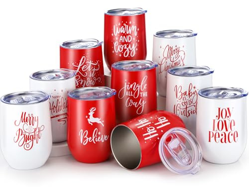 Uiifan Christmas Tumblers Gifts 12 Oz Xmas Funny Tumbler Christmas Style Stainless Steel Coffee Mugs Set Christmas Holiday Insulated Travel Cups with Lid Straw for Family Xmas Holiday Gifts (20 Pack)