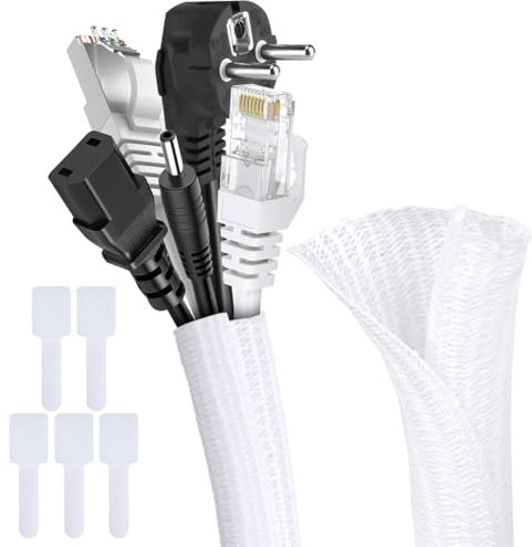 Adiwo Manchon de Câble Gaine Bureau, 3 Mètre 13mm Extensible Gaine Range Cable, Réglable Gaines Câble Tressée, Souple Ajustable Gestion de Cable en Pet pour Câbles Automobiles/PC/Télé/USB/Audio, Blanc
