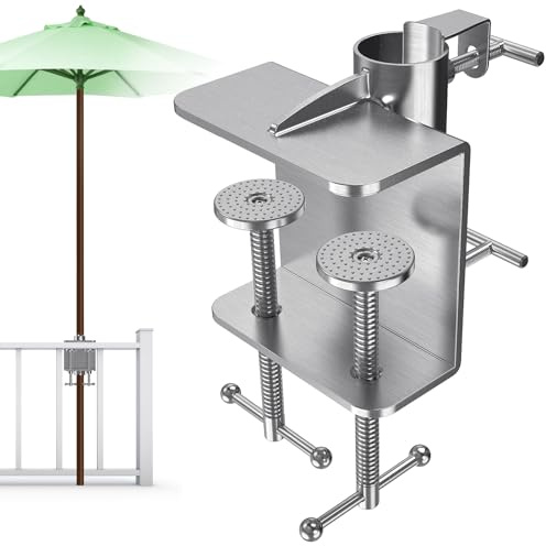BeneLabel Schirmhalter Balkongeländer Doppel Tischklammer Befestigung | 5.5cm Stange,Ampelschirm Wäschespinne Flaggenmast Ständer,10cm Flache Zaunpfosten Bank,Verstellbar,Platzsparend,Kein Bohren