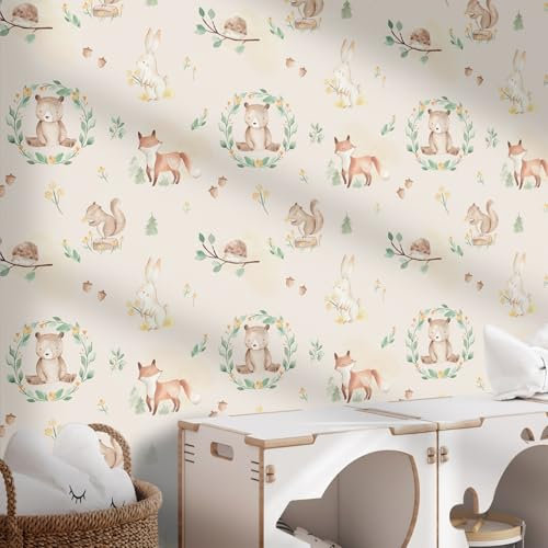 Tier Tapete Dschungeltiere Fuchs Eichhörnchen Kaninchen Blumen Dschungeltapete, Kinderzimmer Wasserdicht Mit Süßem Tiermotiv für Wandsticker Kinderzimmer Deko Wanddekoration (38X320cm)