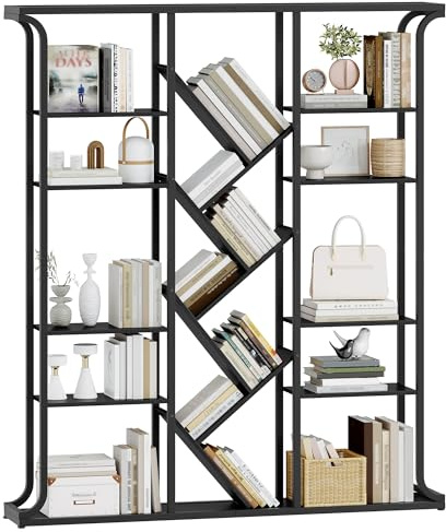 Hzuaneri Bücherregal, 3 Säulen 6 Tier Baumförmiges Bücherschrank, 17 Fächer offene unabhängige Regale, für Home-Office, Schlafzimmer, Wohnzimmer, 24 x 156 x 180 cm Schwarz BC53204B