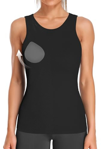 Charmo Damen Sport Tank Top mit Integriertem BH Fitness Sport Shirt Sommer Yoga Oberteil Ärmelloses Sporttop Nahtlose Gym Top（Schwarz,M）