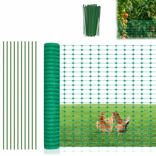 Aufun Begränsningsstaket mobilt staket 1m högt, 50m långt, trädgårdsnät, inkl. 50 pålar och 150 bindband, hundstake hönsstake pilstake trädgårdsstaket spjälstaket extremt stabilt idealiskt för hus