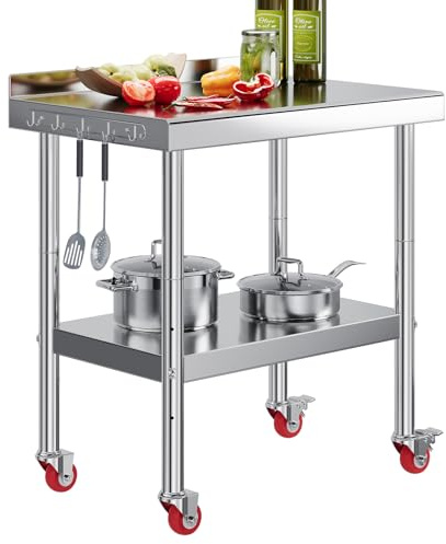 LUXOAK Edelstahltisch 90x60x90 cm, Küchentisch mit verstellbarem Zwischenboden, NSF-zertifizierter Metalloberfläche (inkl. Rollen & Spritzschutz) für Küche, Restaurant, Hotel und Garage