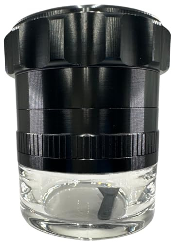 Spice Grinder. 2.5 inch herb grinder with jar attached. Jar offers a larger storage capacity. Anodized Aluminum alloy with glass bottom. (Black, 2.5 Inches x 3 Inches)