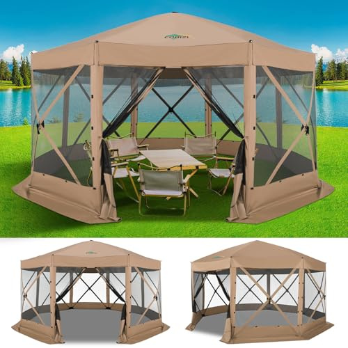 COBIZI 15x15ft Extra Large Pop-Up Gazebo Canopy Tent with Mosquito Netting, Spacious Easy Set-Up Screened Shelter, Durable Outdoor Pavilion with Ground Stakes, Perfect for Patio, Backyard, Khaki