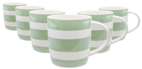 Nicola Spring 350ml Simply Home Stoneware Mugs - Green & White Stripe - 6X Large Reusable Cute Ceramic Coloured Coffee Latte Hot Drinks Tea Cups Set with Handle | Gifts for Men & Women