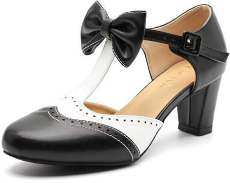 Rjclyh Women's Bow Mary Jane Heels, Two Tone Retro Oxford Pumps Black 9