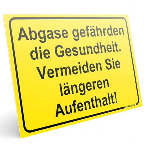 PRINTIMA Warnschild Abgase gefährden die Gesundheit – PVC Schild 32 x 21 cm – gelbes Hinweisschild Vermeiden Sie längeren Aufenthalt! – wetterfest & robust