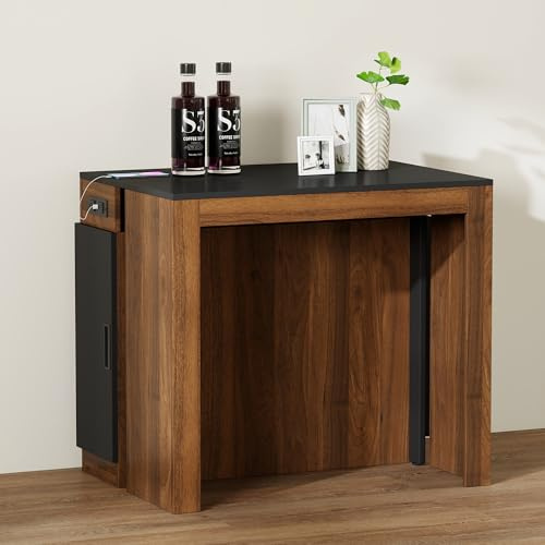 Banzeem Extendable Dining Table with Storage, Transformer Extra Console Table for 1-12 People, Folding Space Saving Dining Room Table with Built-in Outlet for Homes, Apartments, Walnut Black