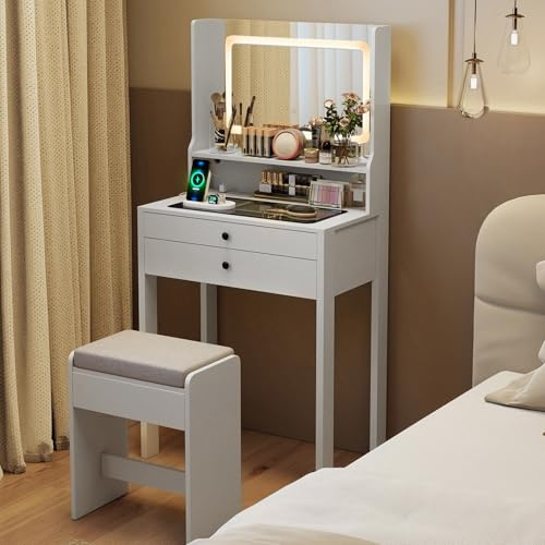 COSTWAY Coiffeuse avec Miroir et Tabouret, Bureau Coiffeuse Moderne, Lumière et Luminosité Réglable, Station de Recharge, Étagère Ouverte, 2 Tiroirs, Table de Maquillage, 64 x 40 x 132 cm (Blanc)