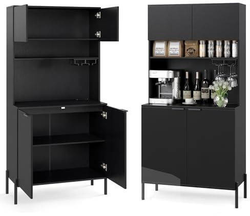 KOMFOTTEU Mobile Buffet con Stazione di Ricarica, Portabicchieri, Vetrina, Credenza Cucina con Ripiani Regolabili, Mobiletto Multiuso per Sala da Pranzo, Soggiorno, 80x40x164cm(In 2 Pacchi) (Nero)