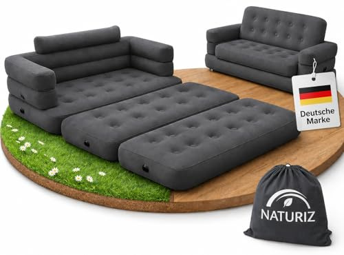 Naturiz® Pull Out Sofa 165x220cm - Camping Sofa mit Bettfunktion - Gästebett 2 Personen - Aufblasbares Sofa mit Tragetasche - kleines Mini Sofa, Mini Couch, Luftsofa (Grau, ohne Pumpe)