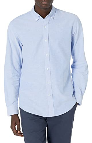 Amazon Essentials Camisa Oxford de Manga Larga y Corte Regular Hombre, Azul, L