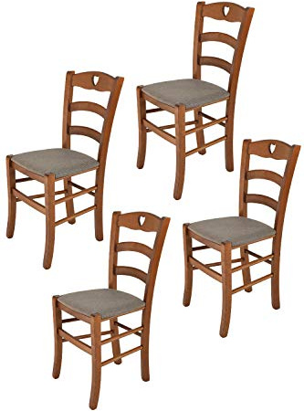 t m c s Tommychairs - Set 4 chaises Cuore pour Cuisine, Bar et Salle à Manger, Robuste Structure en Bois de hêtre peindré en Noyer Clair et Assise rembourrée et revêtue en Tissu Couleur Chevreuil