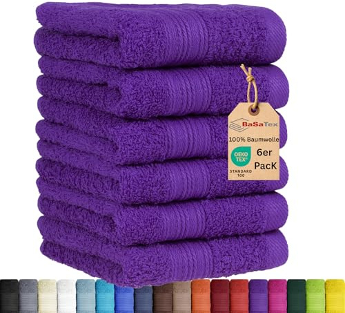 BaSaTex 6er Pack Handtuch Set für Gäste Handtücher Baumwolle Öko-Tex | Handtücher mit Aufhängeschlaufe, Gästetücher für die Händereinigung, Lila, Aufhängeschlaufe