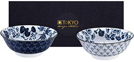 TOKYO design studio Flora Japonica 2-er Schalen-Set blau-weiß, Ø 20,3 cm, 8 cm hoch, ca. 1000 ml, asiatisches Porzellan, Japanisches Blumen-Design, inkl. Geschenk-Verpackung