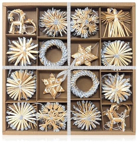 com-four® 56-teiliges Strohsterne Set, verzierte Sterne, Glocken, Tannen | und traditionelle Figuren - kleine Stroh-Anhänger - besonderer Christbaum-Behang - Bauernchristbaumschmuck