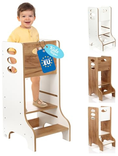 Kitchen Kids Helper Lernturm ab 1 Jahr - Höhenverstellbarer Lernturm Montessori Weiß und Eich 90cm - Sicherer Learning Tower für Kinder - Ideal für Küche & Bad - Stabile Konstruktion - Leichter Aufbau