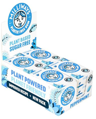 Milliways Peppermint Chewing Gum, Plastic Free, Sugar Free, Aspartame Free, Natural | 12 Packs of 10 Pieces (120 Pieces Total) | Xylitol, Plant-Based, Biodegradable