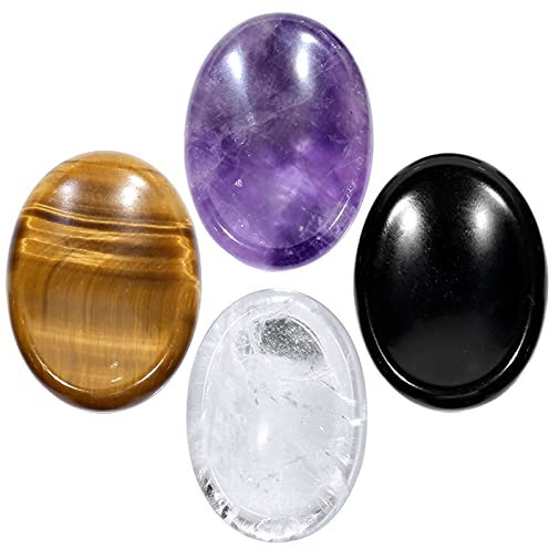 Nupuyai Ovaler Daumen-Handschmeichler Set, natürlicher Kristall, Taschenhandschmeichler für Heilung, Angst, Stressabbau, Reiki-Therapie, Amethyst/Obsidian/Tigerauge/Bergkristall, 4 Stück