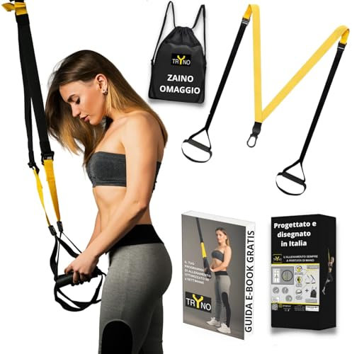 TRYNO TRX ITALIANO, Trx Fitness Da Casa, Suspension Training per Tutto il Corpo, Allenamneto in sospensione, Trx Elastico Fitness, Cinghie Sospensione +Zaino (Allungabile giallo)