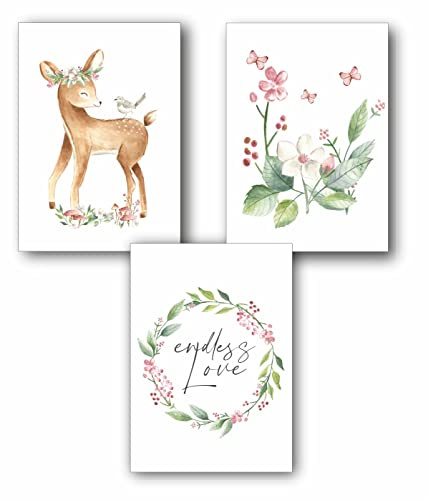 Manschin-Laserdesign 3er Set Wandbilder Kinderzimmer Poster | Din A3 & Din A4 | Babyzimmer Deko Mädchen Jungen Bilder Dekoration Aquarell Waldtiere skandinavisch (DinA4, P1016)
