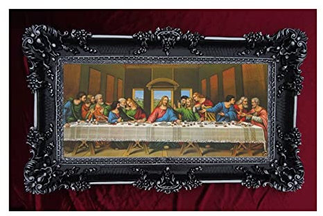 Made in Italy Barock 12 APOSTEL ULTIMA CENA 96x57cm Gemälde Bild mit Rahmen Repro Antik look Jesus (Schwarz/Silber) 75B