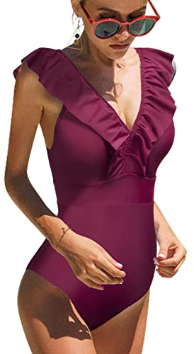 heekpek Costume da Bagno Donna Intero Vita Alta Bikini Costumi Interi Sexy Piscina Spiaggia Elegante Un Pezzo Push Up Floreale Bikini Mare, Vino Rosso, L