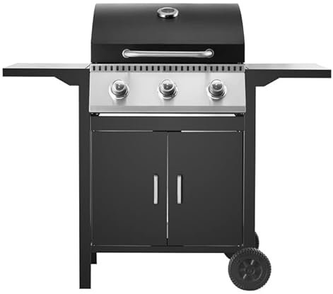 Modern Outdoor Living 3 Burner Gas BBQ Portable Automatic Ignition & Integrated Thermometer, Black, Gas BBQ, 2 Wheels Fitted Rack with 2 Shelves