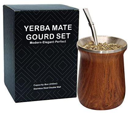 LA FEE Yerba Mate Natural Gourd/Egg Cup Set Brown (Original Traditional Mate Cup - 12 Ounces), Includes Yerba Mate Straw & Cleaning Brush, Stainless Steel | Double-Walled | Easy to Clean