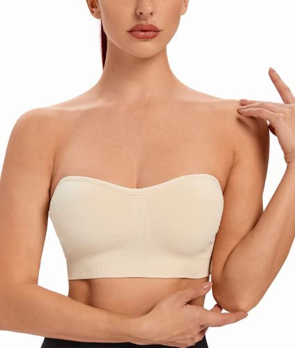 ANGOOL Damen Trägerloser BH Push Up ohne Bügel Bandeau Top Damen Gepolsterter Seamless Rutschfestes Silikon mit Transparenten Trägern, Beige, S