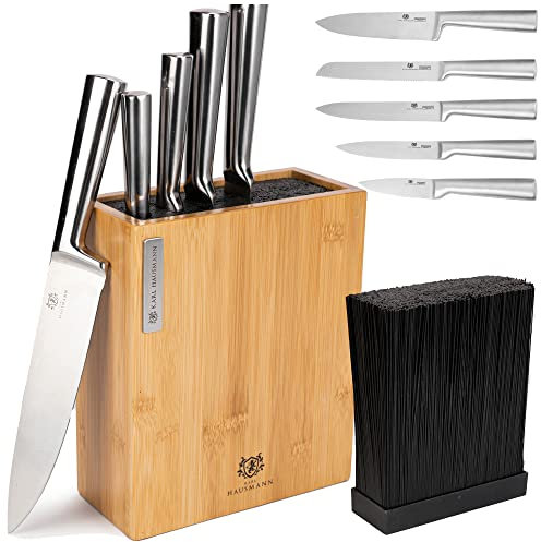 KARL HAUSMANN Set Couteaux de Cuisine Professionnel 5 Pièces - Bloc Couteaux Cuisine en Bambou avec Insert à Poils - Couteaux Tranchants en Acier - Ensemble de Couteaux de Cuisine Précision