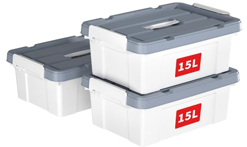 Cetomo 15L*3 Caja de Almacenamiento con Asa, Caja de Plástico con Tapa y Cierre Seguro, Contenedor de Almacenamiento, Duradera, Apilable, Resistentes, Blanco, Paquete de 3 de 15L