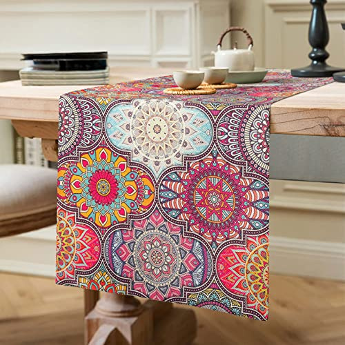 Boho Vintage Rot Tischläufer Frühling Modern Leinen - Wasserdicht und Waschbar für Esszimmer, Party, Urlaub, Dekoration 40x140 cm
