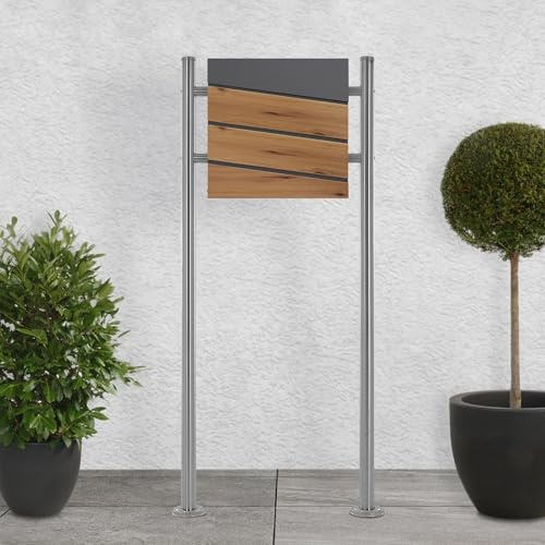 ECD Germany Standbriefkasten mit Zeitungsfach, Design Briefkasten mit Pfosten, Briefkastenanlage, Briefkastenständer Silber metallic 120 cm aus Edelstahl, Postkasten Anthrazit-Holzoptik aus Stahl