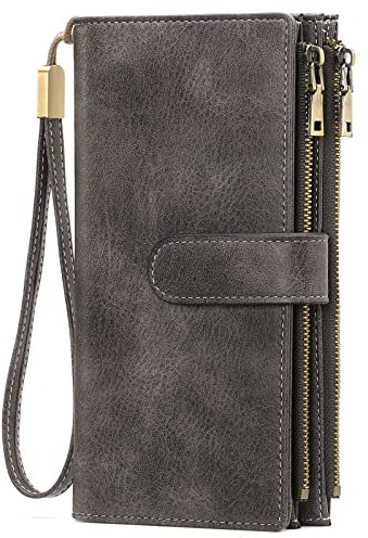 GOIACII Geldbörse Damen, Portemonnaie Damen Leder, RFID Blocking groß und im Langformat Geldbeutel Damen mit Mehreren Kartenfächern Fächern, Abnehmbarer Handschlaufe