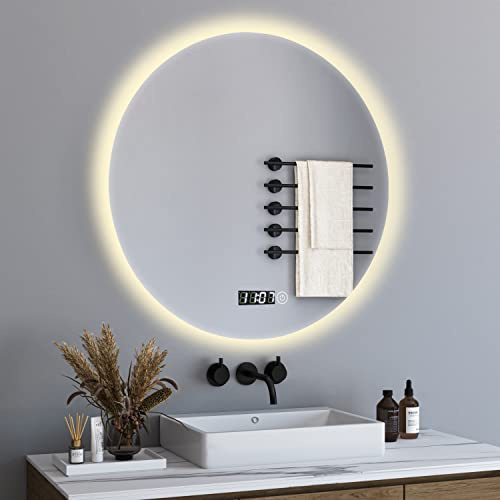 BD-Baode LED Spiegel Wandspiegel Rund 60x60cm Badspiegel mit Beleuchtung und Uhr 3 Arten von Licht Badspiegel mit Touch Schalter Energieeffizienzklasse A ++