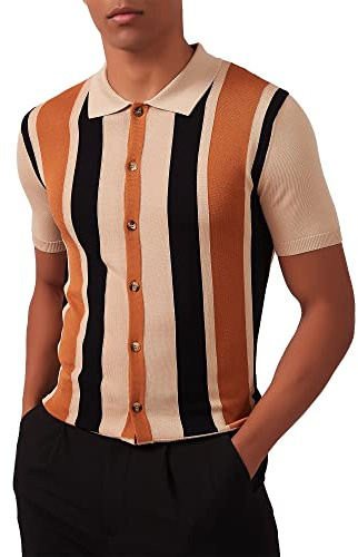 Kallspin Hombres Polo de Punto Vintage Manga Corta Rayas Botón Abajo Camisas de Golf de Punto(Beige,XL)