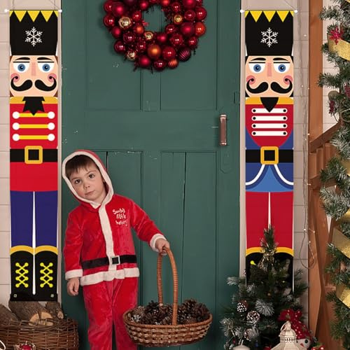Figarge Cascanueces Decoración navideña - Pancarta de cascanueces y soldados para Merry Christmas & Cartel de Navidad para exterior, puerta de casa, porche