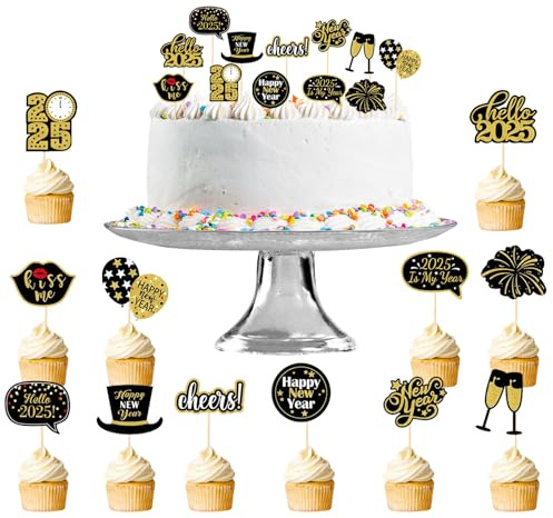 24 Kuchendekorationen, Kuchendekorationen für guten Rutsch ins neue Jahr, Dekorationen für Silvester, schwarz-goldene Neujahrsdekorationen, Zubehör für festliche Dekoration für Silvester für die
