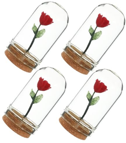 DECHOUS Miniature Rose in Glass Dome 4pcs Miniature Scene Model Tiny House Centrepiece Table Decorations Easy to Maintain Resin Glass Dome Red for Dollhouse Accessories